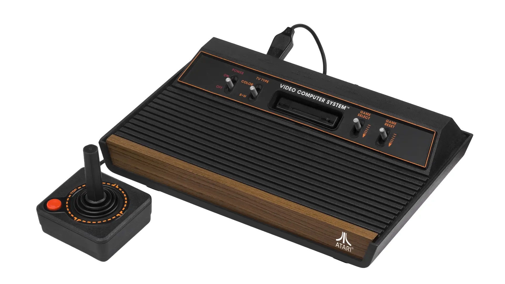 An Atari 2600 Video Game Console and a CX40 joystick standing next to it