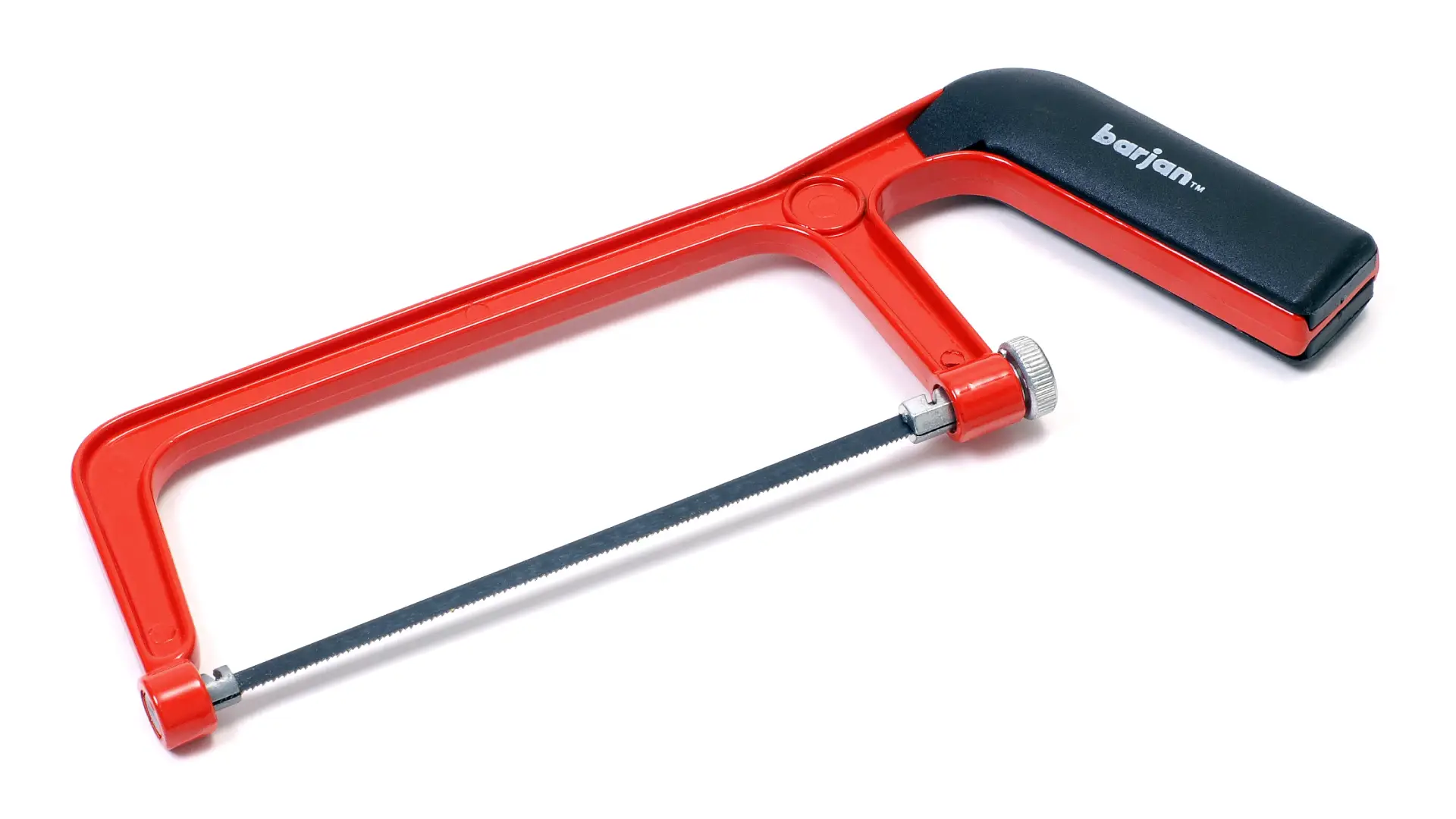 A hacksaw with a red handle